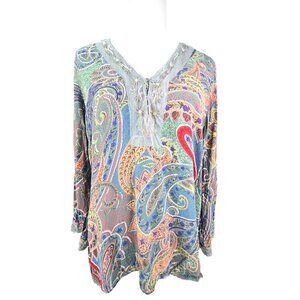 At Last Classics Green Colorful Floral Paisley Beaded Gypsy Boho Peasant Top